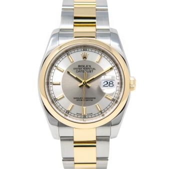 Rolex Men's Datejust 36 116203 Wristwatch, Oyster Bracelet, Silver/Rhodium Bullseye Dial, Smooth Bezel