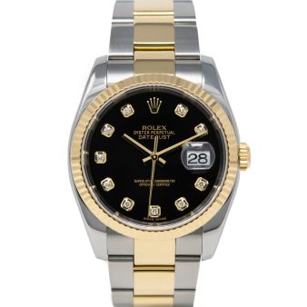 Rolex Datejust 36 116233 Wristwatch, Oyster Bracelet, Black Diamond Dial, Diamond Bezel