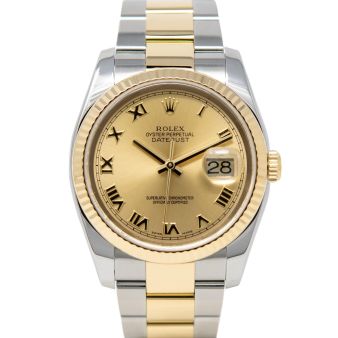 Rolex Datejust 36 116233 Wristwatch, Oyster Bracelet, Champagne Roman Dial, Fluted Bezel
