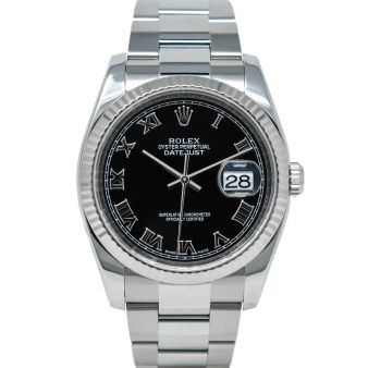 Rolex Men's Datejust 36 116234 Wristwatch, Oyster Bracelet, Black Roman Dial, Fluted Bezel