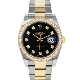 Rolex Datejust 36 116243 Wristwatch, Oyster. Bracelet, Black Diamond Dial, Diamond Bezel