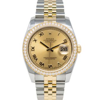 Rolex Datejust 36 116243 Wristwatch, Jubilee Bracelet, Champagne Roman Dial, Diamond Bezel