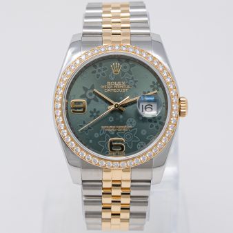 Rolex Datejust 36 116243 Steel & Gold Wristwatch - Green Floral Arabic Dial, Jubilee Bracelet, Diamond Bezel