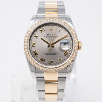 Rolex Datejust 36 116243 Wristwatch, Steel Roman Dial, Diamond Bezel, Oyster Bracelet