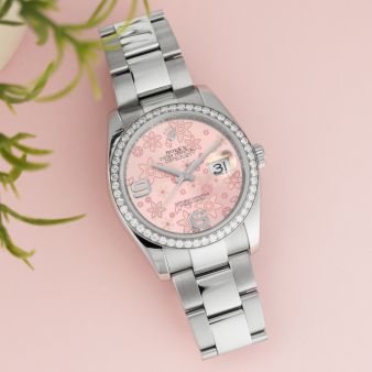 Rolex Datejust 36, 116244, Steel & White Gold, Diamond Bezel, Pink Floral Dial, Oyster Bracelet, Renewed