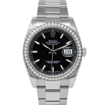 Rolex Datejust 36 116244 Wristwatch, Oyster Bracelet, Black Index Dial, Diamond Bezel