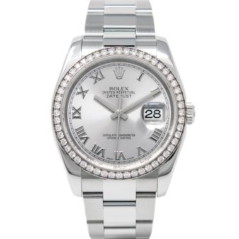 Rolex Datejust 36 116244 Wristwatch, Oyster Bracelet, Silver Roman Dial, Diamond Bezel