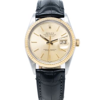 Rolex Datejust 36 16013 Wristwatch, Black Leather Strap, Champagne Dial, Fluted Bezel