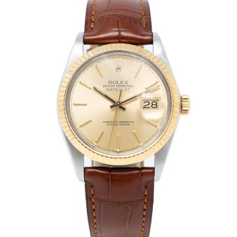 Rolex Datejust 36 16013 Wristwatch, Leather Strap, Champagne Dial, Fluted Bezel