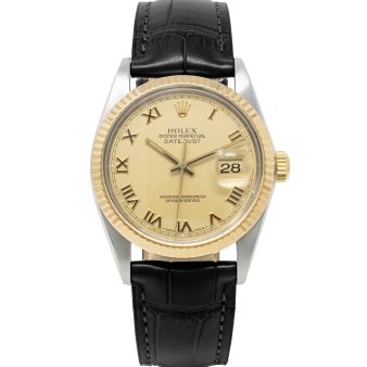 Rolex Datejust 36 16013 Wristwatch, Black Leather Strap, Champagne Roman Dial, Fluted Bezel