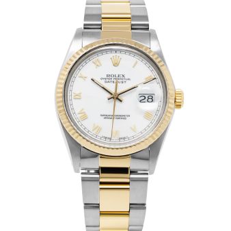Rolex Datejust 36 16013 Wristwatch, Oyster Bracelet, White Skinny Roman Dial, Fluted Bezel