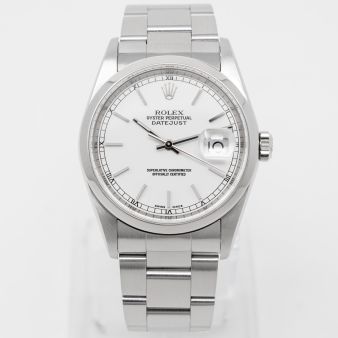 Rolex Datejust 36 16200 Wristwatch, White Dial, Oyster Bracelet, Smooth Bezel