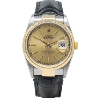 Rolex Datejust 36 16203 Wristwatch, Leather Bracelet, Champagne Index Dial, Smooth Bezel