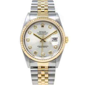 Rolex Datejust 36 16233 Wristwatch, Jubilee Bracelet, Light Silver Diamond Dial, Fluted Bezel