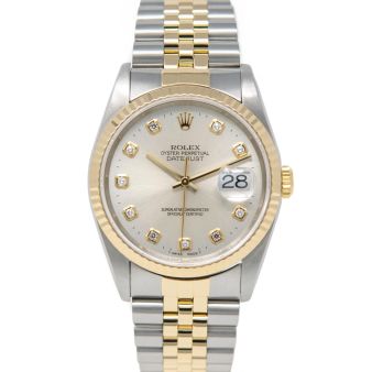 Rolex Datejust 36 16233 Wristwatch, Jubilee Bracelet, Silver Diamond Dial, Fluted Bezel