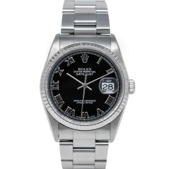 Rolex Men's Datejust 36 16234 Wristwatch, Oyster Bracelet, Black Roman Dial, Fluted Bezel