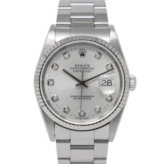 Rolex Datejust 36 16234 Wristwatch, Oyster Bracelet, Silver Diamond Dial, Fluted Bezel