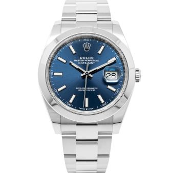New Rolex Datejust 41mm 126300 Wristwatch, Oyster Bracelet, Bright Blue Dial, Smooth Bezel