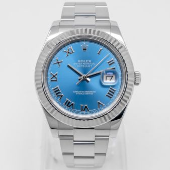 Rolex Datejust II 116334 Wristwatch, Azzurro Blue Roman Dial, Oyster Bracelet, Fluted Bezel