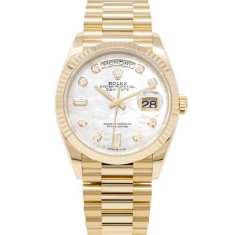 Rolex Day-Date 36 128348 Wristwatch, President Bracelet, Mother of Pearl Diamond Dial, Fluted Bezel