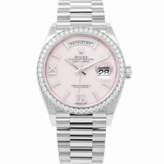 New Rolex Day-Date 36 128349RBR Wristwatch, President Bracelet, Pink Opal Diamond Dial, Diamond Bezel