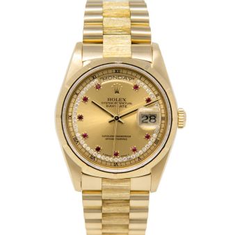 Rolex Day-Date 36 18248 Wristwatch, President Bracelet, Champagne String Diamond Ruby Dial, Bark Bezel