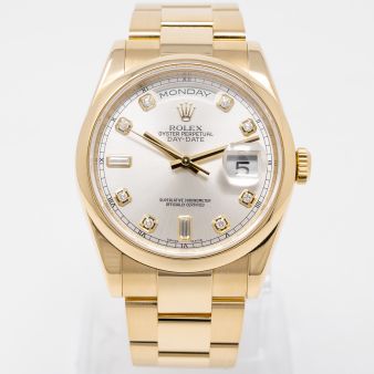 Rolex Day-Date 36 118208 Wristwatch - Silver Diamond Dial, Smooth Bezel, Oyster Bracelet