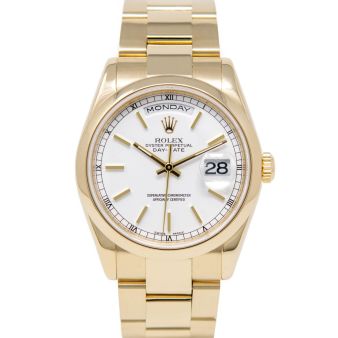 Rolex Day-Date 36 118208 Wristwatch, Oyster Bracelet, White Index Dial, Smooth Bezel