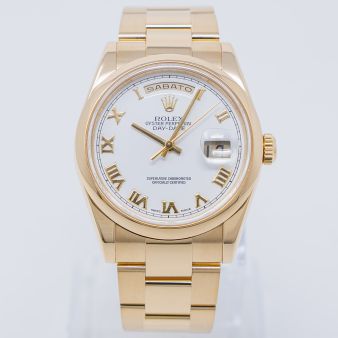 Rolex Day-Date 36 118208 Wristwatch, White Roman, Italian Date, Oyster Bracelet, Smooth Bezel