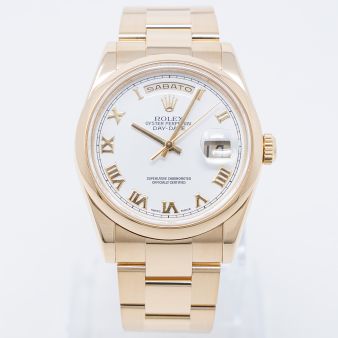 Rolex Day-Date 36 118208 Wristwatch, White Roman Dial, Oyster Bracelet, Domed Bezel