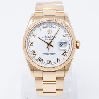 Rolex Day-Date 36 118238 Wristwatch, Oyster Bracelet, White Roman Dial, Fluted Bezel