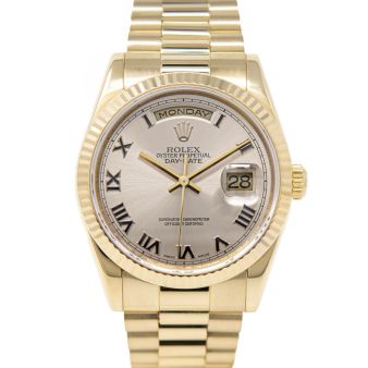 Rolex Day-Date 36 118238 Wristwatch, President Bracelet, Light Champagne Roman Dial, Fluted Bezel
