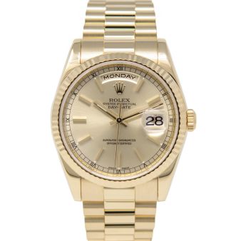 Rolex Day-Date 36 118238 Wristwatch, President Bracelet, Light Champagne Dial, Fluted Bezel