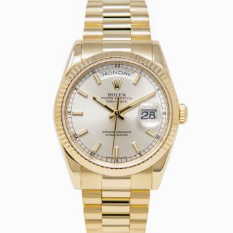 Rolex Day-Date 36 118238 Wristwatch, President Bracelet, Silver Index Dial, Fluted Bezel