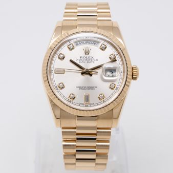 Rolex Day-Date 36 118238 Wristwatch, Silver Diamond Dial, President Bracelet, Fluted Bezel