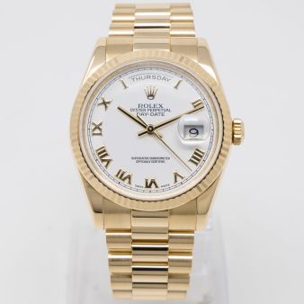 Rolex Men's Day-Date 36 118238 Wristwatch, President Bracelet, White Roman Dial, Fluted Bezel
