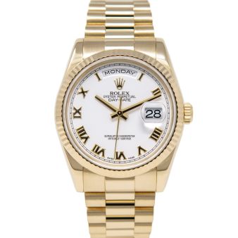 Rolex Day-Date 36 118238 Wristwatch, President Bracelet, White Roman Dial, Fluted Bezel