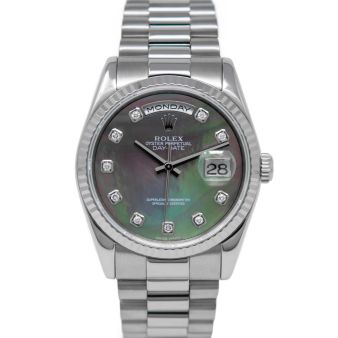 Rolex Men's Day-Date 36 118239 Wristwatch, President Bracelet, Black Mother of Pearl Diamond Dial, Fluted Bezel
