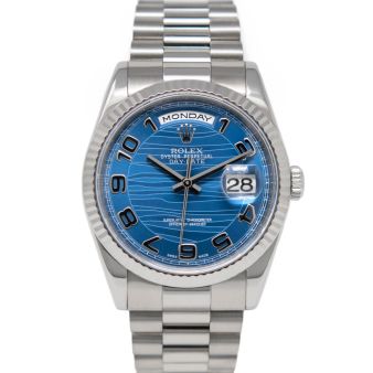 Rolex Men's Day-Date 36 118239 Wristwatch, President Bracelet, Blue Wave Arabic Dial, Fluted Bezel