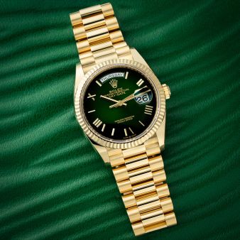 2024 Rolex Day-Date 36, President Bracelet, Green Ombre Roman Dial, Yellow Gold, 128238, Box and Papers