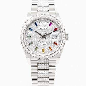 Rolex Day-Date 36 128349RBR Wristwatch, President Bracelet, Diamond-Paved Dial with Rainbow-Colored Sapphires, Diamond Bezel