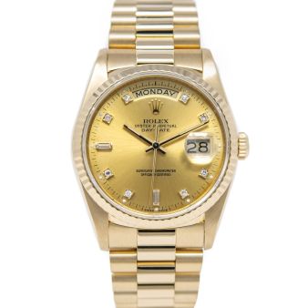 Rolex Day-Date 36 18038 Wristwatch, President Bracelet, Champagne Diamond Dial, Fluted Bezel