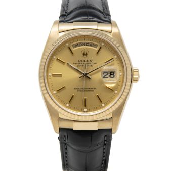 Rolex Day-Date 36 18038 Wristwatch, Genuine Alligator Strap, Champagne Dial, Fluted Bezel