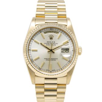 Rolex Day-Date 36 18038 Wristwatch, President Bracelet, Silver Index Dial, Fluted Bezel