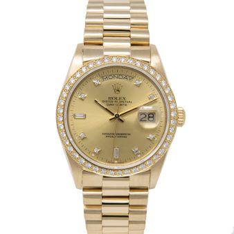 Rolex Day-Date 36 18048 Wristwatch, President Bracelet, Champagne Diamond Dial, Diamond Bezel
