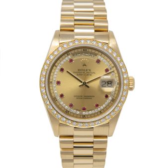 Rolex Day-Date 36 18048 Wristwatch, President Bracelet, Champagne String Diamond/Ruby Dial, Diamond Bezel