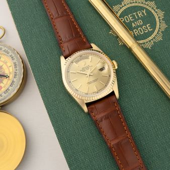 Rolex Day-Date 36, 18238, Yellow Gold, Champagne Dial, Leather Strap, Renewed