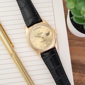 Rolex Day-Date 36 18238, Yellow Gold, Champagne Diamond Dial, Leather Strap