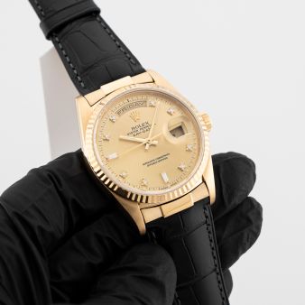 Rolex Day-Date 36 18238, Yellow Gold, Champagne Diamond Dial, Leather Strap