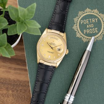 Rolex Day-Date 36 18238, Yellow Gold, Champagne Diamond Dial, Black Leather Strap